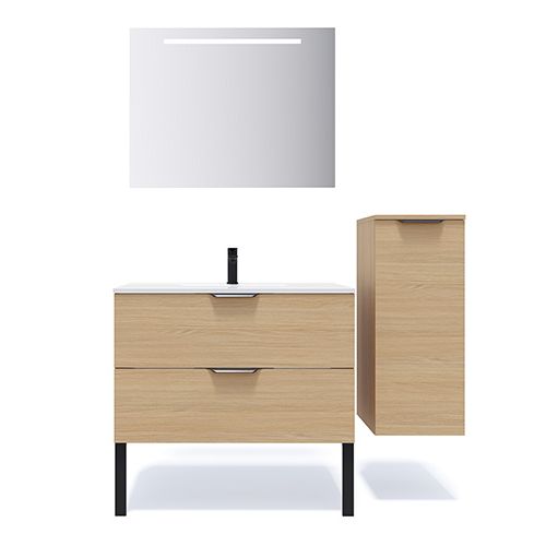 Meuble de salle de bain suspendu vasque intégrée 90cm 2 tiroirs Chêne clair + miroir + colonne ouverture droite - Swing