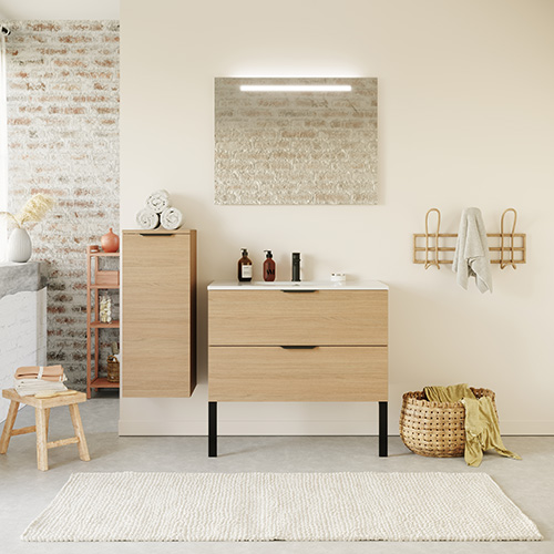 Meuble de salle de bain suspendu vasque intégrée 90cm 2 tiroirs Chêne clair + miroir + colonne ouverture gauche - Swing