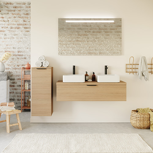 Meuble de salle de bain suspendu 2 vasques à poser 120cm 1 tiroir Chêne clair - Swing