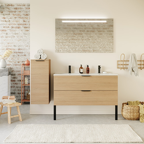 Meuble de salle de bain suspendu double vasque intégrée 120cm 2 tiroirs Chêne clair + miroir + colonne ouverture gauche - Swing