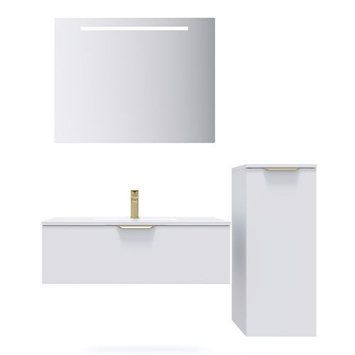 Meuble de salle de bain suspendu vasque intégrée 90cm 1 tiroir Blanc + miroir + colonne ouverture droite - Swing