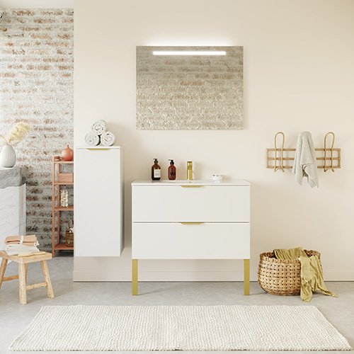 Meuble de salle de bain suspendu vasque intégrée 90cm 2 tiroirs Blanc + miroir - Swing