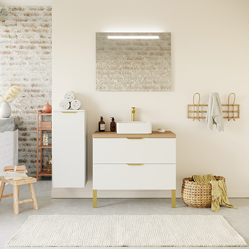 Meuble de salle de bain suspendu vasque à poser 90cm 2 tiroirs Blanc + miroir + colonne ouverture gauche - Swing