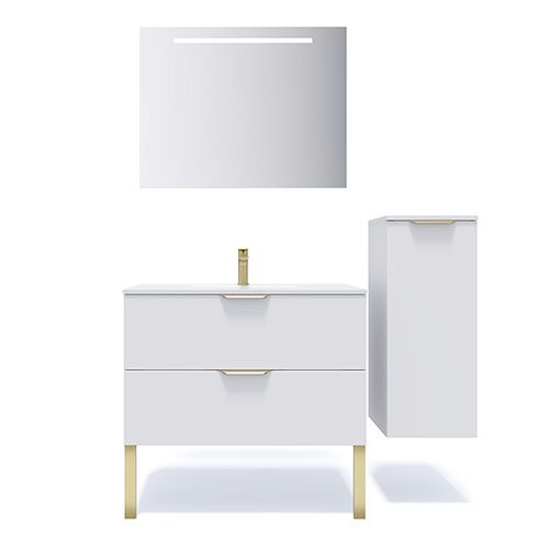 Meuble de salle de bain suspendu vasque intégrée 90cm 2 tiroirs Blanc + miroir + colonne ouverture droite - Swing