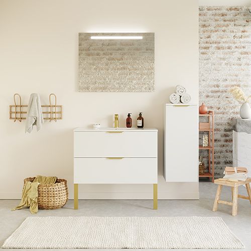 Meuble de salle de bain suspendu vasque intégrée 90cm 2 tiroirs Blanc + miroir + colonne ouverture droite - Swing
