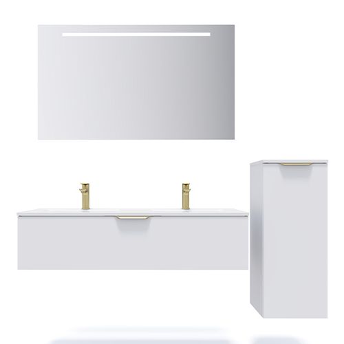 Meuble de salle de bain suspendu double vasque intégrée 120cm 1 tiroir Blanc + miroir + colonne ouverture droite - Swing