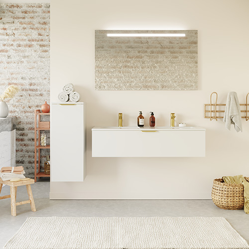 Meuble de salle de bain suspendu double vasque intégrée 120cm 1 tiroir Blanc + miroir + colonne ouverture gauche - Swing