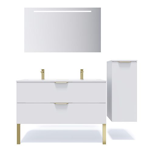 Meuble de salle de bain suspendu double vasque intégrée 120cm 2 tiroirs Blanc + miroir + colonne ouverture droite - Swing