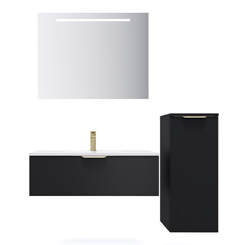 Meuble de salle de bain suspendu vasque intégrée 90cm 1 tiroir Noir + miroir + colonne ouverture droite - Swing