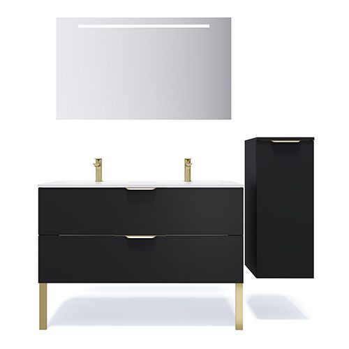 Meuble de salle de bain suspendu double vasque intégrée 120cm 2 tiroirs Noir + miroir + colonne ouverture droite - Swing