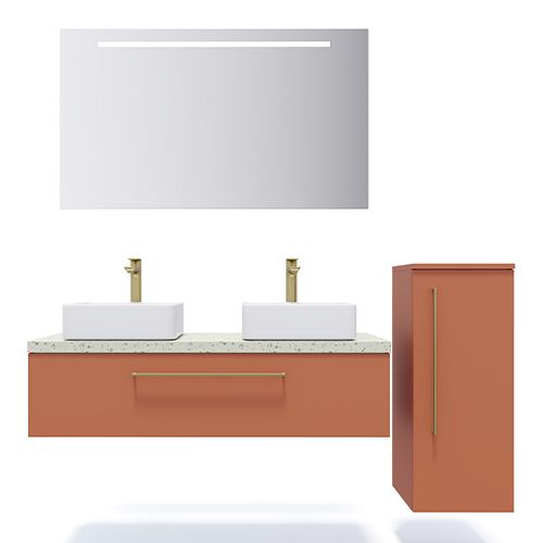 Meuble de salle de bain suspendu 2 vasques à poser 120cm 1 tiroir Terracotta + miroir + colonne ouverture droite - Osmose