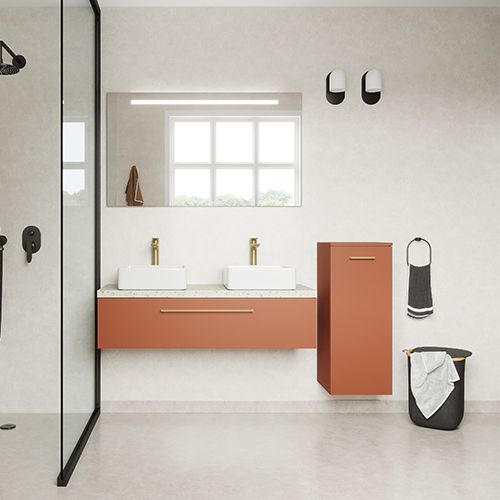 Meuble de salle de bain suspendu 2 vasques à poser 120cm 1 tiroir Terracotta + miroir + colonne ouverture droite - Osmose