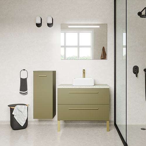 Meuble de salle de bain suspendu vasque à poser 90cm 2 tiroirs Vert olive + miroir + colonne ouverture gauche - Osmose