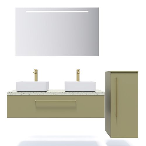 Meuble de salle de bain suspendu 2 vasques à poser 120cm 1 tiroir Vert olive + miroir + colonne ouverture droite - Osmose