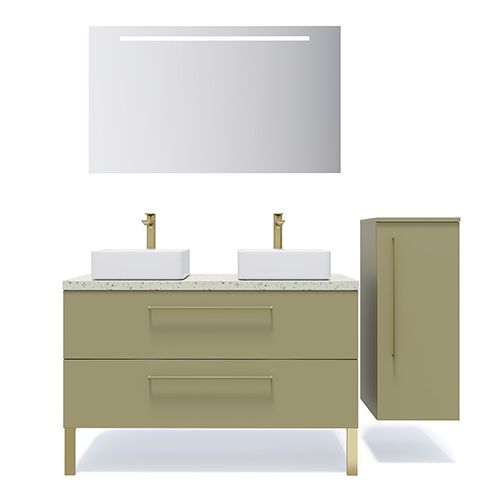 Meuble de salle de bain suspendu 2 vasques à poser 120cm 2 tiroirs Vert olive + miroir + colonne ouverture droite - Osmose