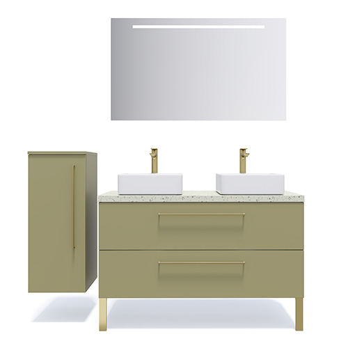 Meuble de salle de bain suspendu 2 vasques à poser 120cm 2 tiroirs Vert olive + miroir + colonne ouverture gauche - Osmose