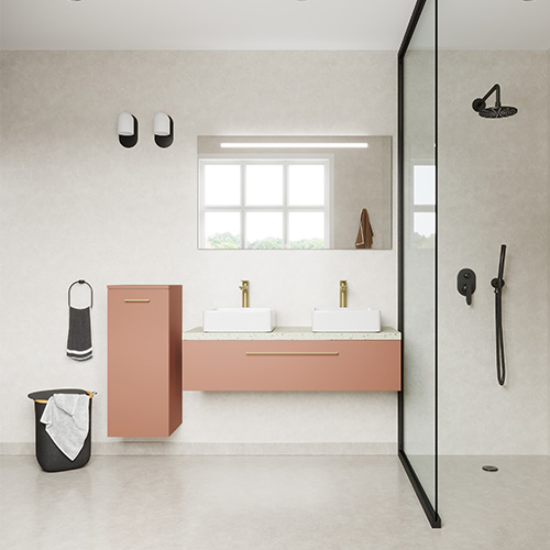 Meuble de salle de bain suspendu 2 vasques à poser 120cm 1 tiroir Abricot + miroir - Osmose