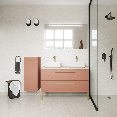 Meuble de salle de bain suspendu 2 vasques à poser 120cm 2 tiroirs Abricot + miroir - Osmose