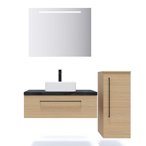 Meuble de salle de bain suspendu vasque à poser 90cm 1 tiroir Chêne clair + miroir + colonne ouverture droite - Osmose