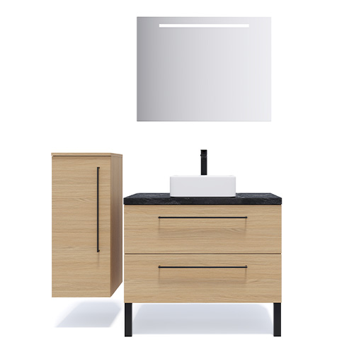 Meuble de salle de bain suspendu vasque à poser 90cm 2 tiroirs Chêne clair + miroir + colonne ouverture gauche - Osmose