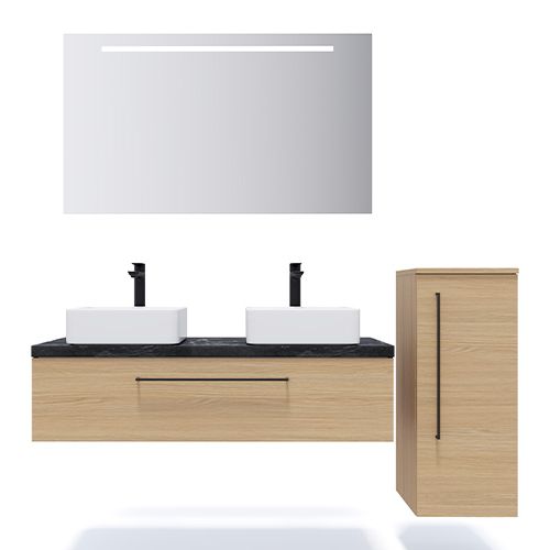 Meuble de salle de bain suspendu 2 vasques à poser 120cm 1 tiroir Chêne clair + miroir + colonne ouverture droite - Osmose