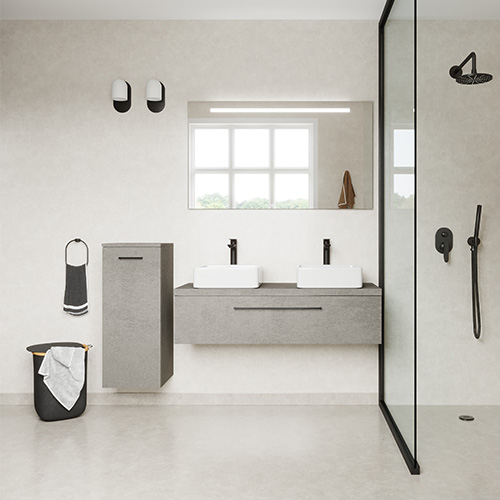 Meuble de salle de bain suspendu 2 vasques à poser 120cm 1 tiroir façon Béton + miroir - Osmose