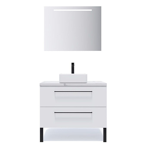 Meuble de salle de bain suspendu vasque à poser 90cm 2 tiroirs Blanc + miroir - Osmose