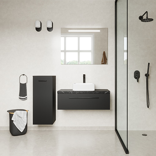 Meuble de salle de bain suspendu vasque à poser 90cm 1 tiroir Noir + miroir + colonne ouverture gauche - Osmose