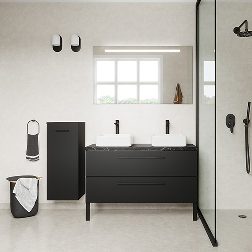 Meuble de salle de bain suspendu 2 vasques à poser 120cm 2 tiroirs Noir + miroir - Osmose