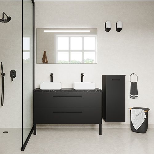 Meuble de salle de bain suspendu 2 vasques à poser 120cm 2 tiroirs Noir + miroir + colonne ouverture droite - Osmose