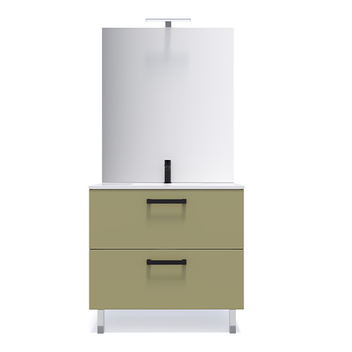 Meuble de salle de bain suspendu avec pieds vasque intégrée 90cm 2 tiroirs Vert olive + miroir - Chango