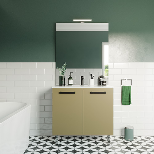 Meuble de salle de bain suspendu avec pieds vasque intégrée 90cm 2 portes Vert olive + miroir - Chango