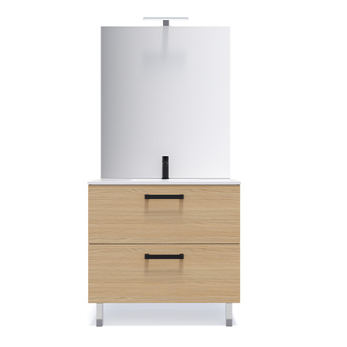 Meuble de salle de bain suspendu avec pieds vasque intégrée 90cm 2 tiroirs Chêne clair - Chango