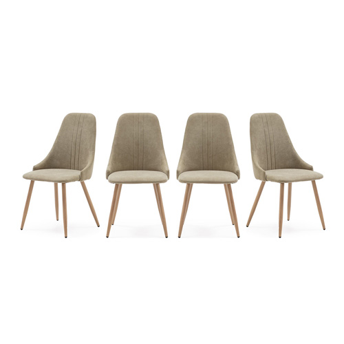 Lot de 4 chaises en tissu vert pâle, piètement métal effet bois - Vicky
