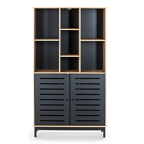 Bibliothèque 2 portes 7 niches noir / effet bois 90 cm - Rosa