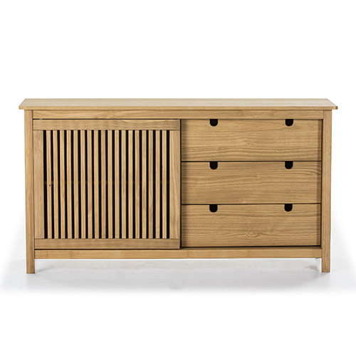 Buffet 1 porte coulissante 3 tirois en pin massif couleur bois naturel 150 cm - Fabia