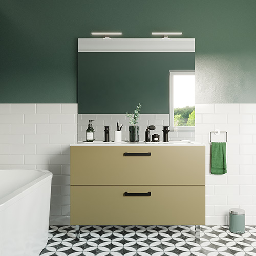 Meuble de salle de bain suspendu avec pieds double vasque intégrée 120cm 2 tiroirs Vert olive + miroir - Chango