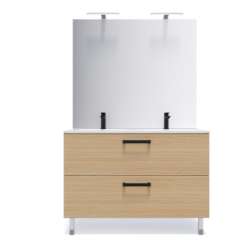 Meuble de salle de bain suspendu avec pieds double vasque intégrée 120cm 2 tiroirs Chêne clair + miroir - Chango
