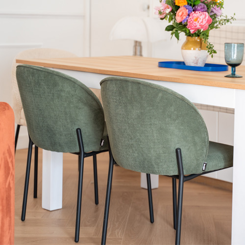 Lot de 2 chaises de salle à manger en velours côtelé vert kaki - piètement en métal noir - Noé