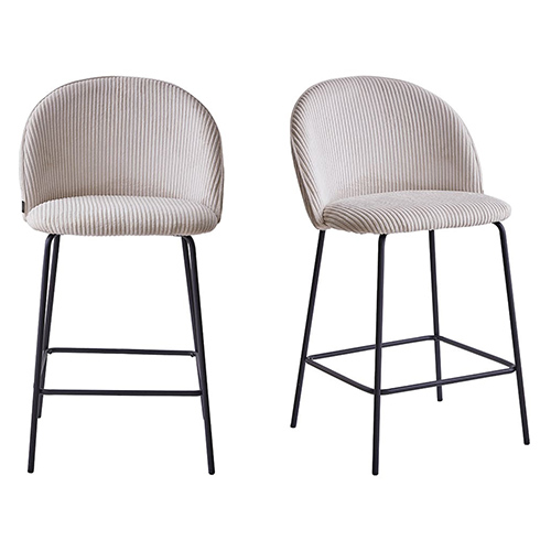 Lot de 2 tabourets de bar en velours côtelé beige, piètement noir - Alta