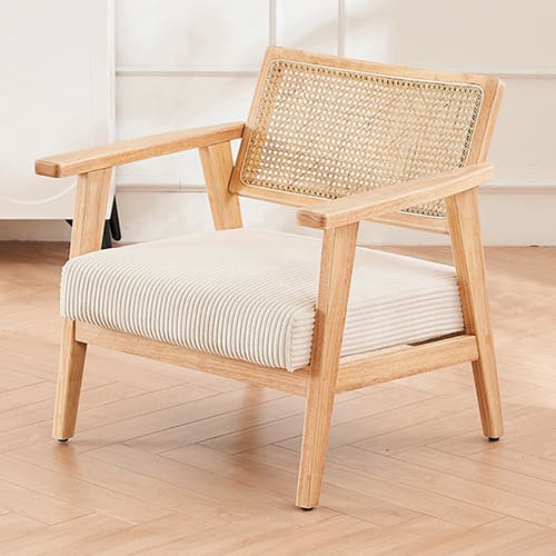 Fauteuil en velours côtelé beige et cannage naturel - Tim