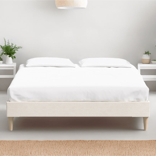 Ensemble lit adulte 140x190 cm en velours côtelé beige Dina + Matelas ressorts ensachés Mousse HR