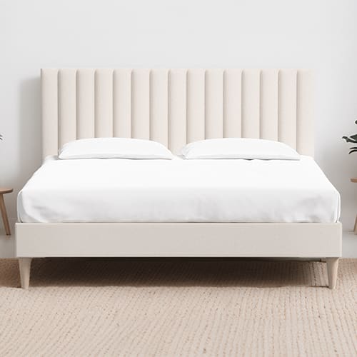 Ensemble lit adulte 140x190 cm en velours beige avec tête de lit matelassée Eliot + Matelas ressorts ensachés Mousse HR