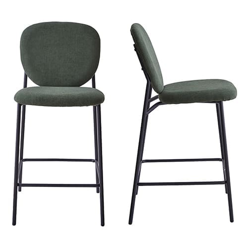 Lot de 2 tabourets de bar en velours côtelé vert, piètement métal noir - Betty