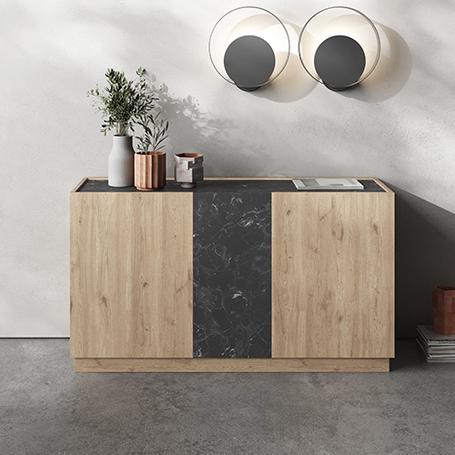 Buffet 3 portes effet bois et marbre noir 140 cm - Dilan