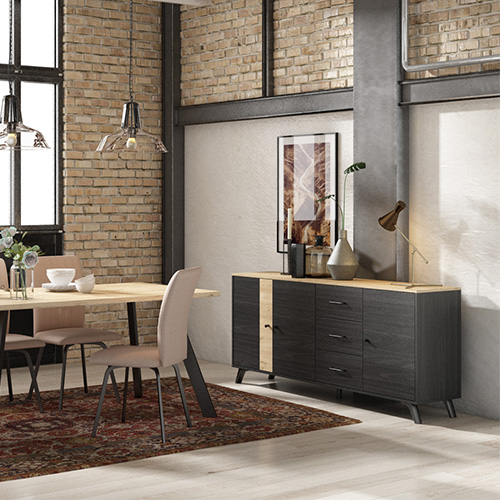 Buffet 3 portes 3 tiroirs effet bois noir et bois naturel 180 cm - Zack