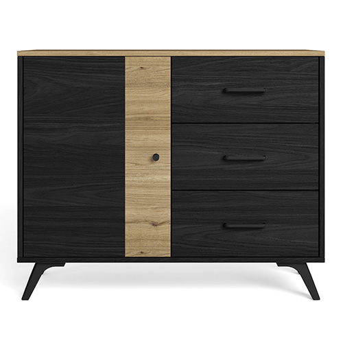 Buffet 1 porte 3 tiroirs effet bois noir et bois naturel 92 cm - Zack