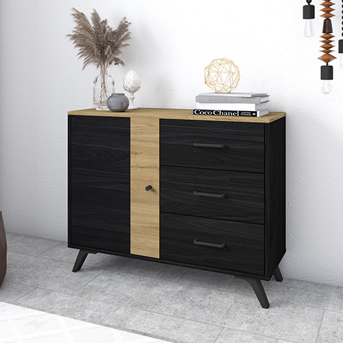 Buffet 1 porte 3 tiroirs effet bois noir et bois naturel 92 cm - Zack