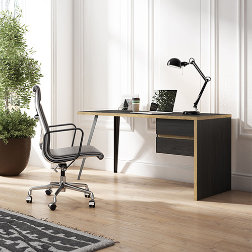 Bureau 2 tiroirs noir et effet bois 136 cm - Amanda