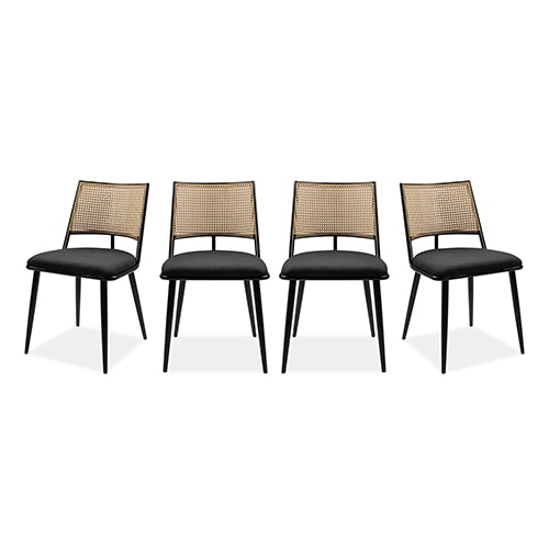 Lot de 4 chaises en tissu noir et cannage - Niels